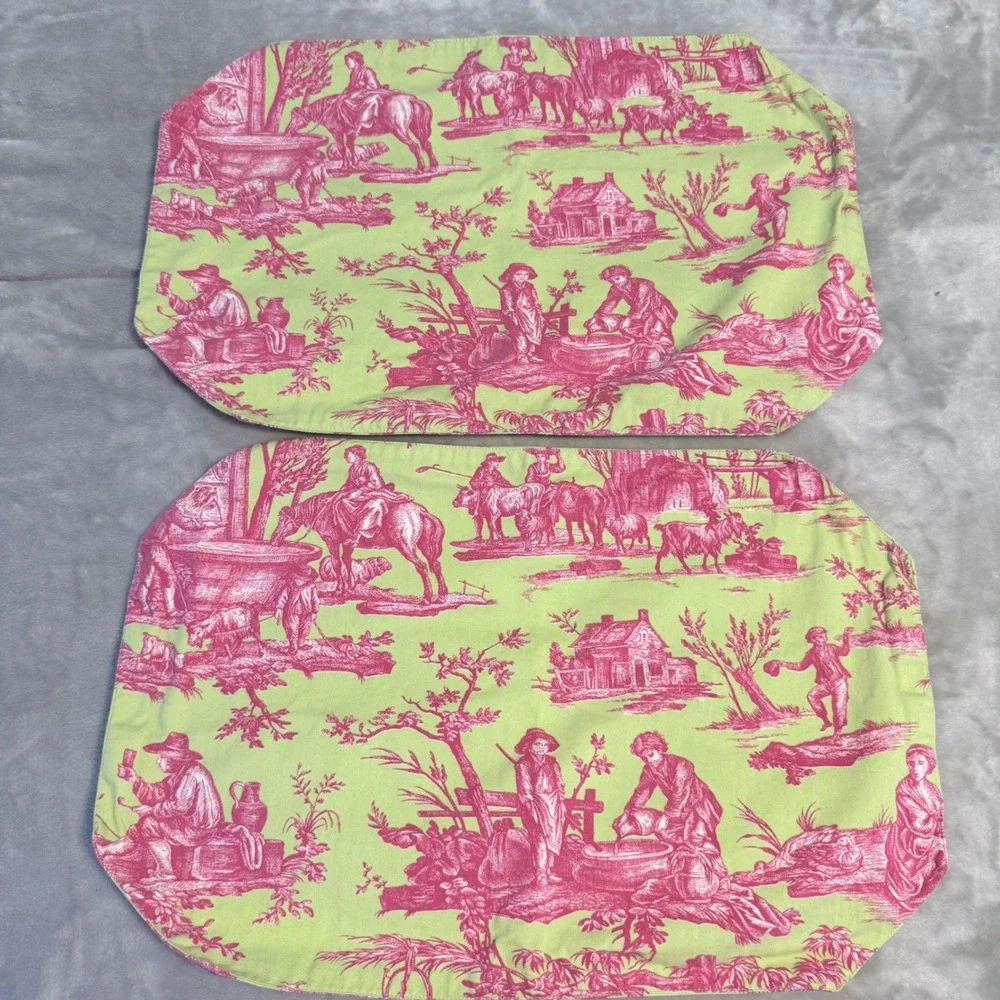 Williams Sonoma Toile Placemats & Napkins Set 8 Pc Green Pink Cotton Table Linen